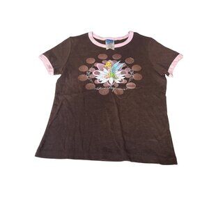 Y2K Disney Tinker Bell Girls T-Shirt Size 10/12 Brown & Pink Cotton Graphic Tee